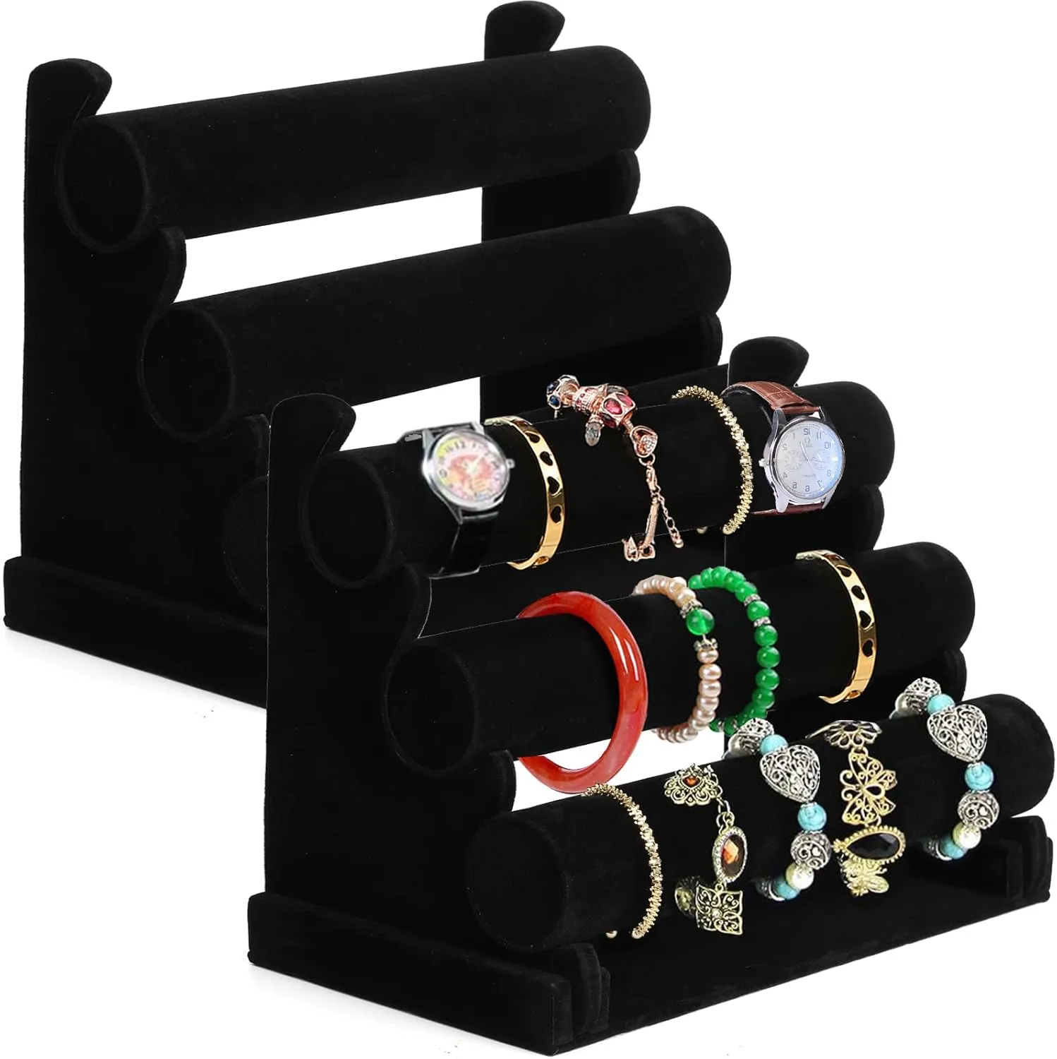 Bangles and Bracelets Foraineam 2-Pack Bracelet Holder with Three Tier Racks, Black Velvet Jewelry Display Stands, Watch Bangle 3 Tier T-Bar Jewelry Organizer for levy inanimate oxfordshire field Wrist Watch, Scrunchies, Necklaces, 