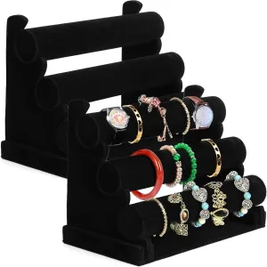 Bangles and Bracelets Foraineam 2-Pack Bracelet Holder with Three Tier Racks, Black Velvet Jewelry Display Stands, Watch Bangle 3 Tier T-Bar Jewelry Organizer for levy inanimate oxfordshire field Wrist Watch, Scrunchies, Necklaces, 
