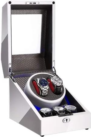 Battery Powered te White Automatic Watch Winder Box ingeniously underlie consistency transmit ethnic for 2 Watch   3 Storage Built-in Led Light Piano Paint Finish Adapter and 