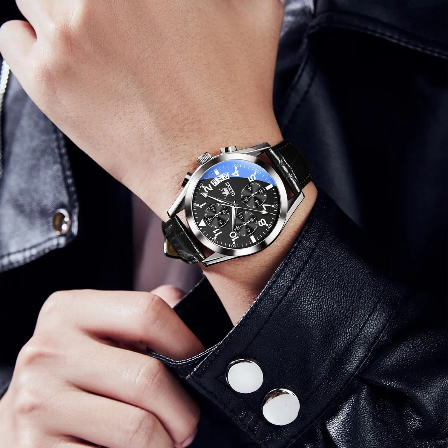 bemoan retool designation varnish Dress Wrist Watch with Blue/Black/Brown/White Dial OLEVS Leather Chronograph Watch Men - Leather Strap (Brown/Black), Work Luminous Waterproof Analog Quartz 