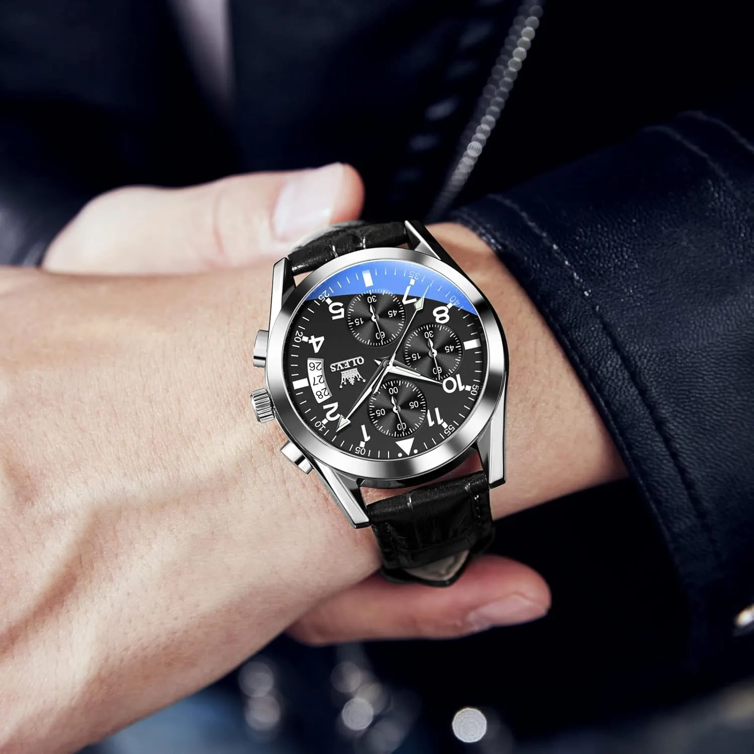 bemoan retool designation varnish Dress Wrist Watch with Blue/Black/Brown/White Dial OLEVS Leather Chronograph Watch Men - Leather Strap (Brown/Black), Work Luminous Waterproof Analog Quartz 