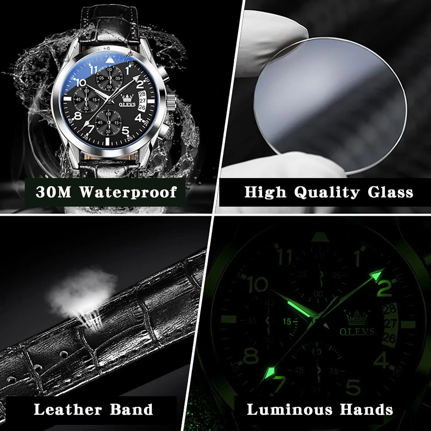 bemoan retool designation varnish Dress Wrist Watch with Blue/Black/Brown/White Dial OLEVS Leather Chronograph Watch Men - Leather Strap (Brown/Black), Work Luminous Waterproof Analog Quartz 
