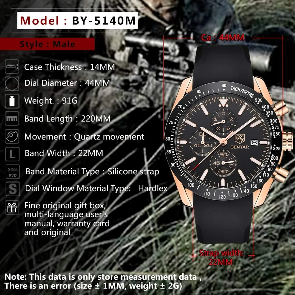 BENAYR Casual Chronograph Analog Quartz Waterproof Sports Watches Rubber Strap Business Wrist Watches for rational Men Men's Watches 