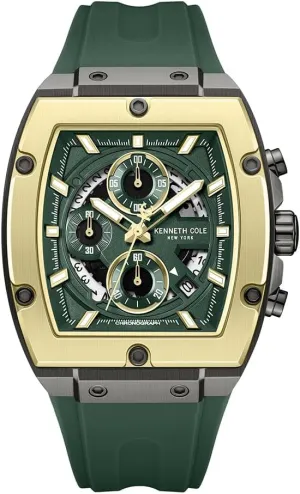 Bezel, Date Display, and Green Silicone Strap Kenneth Cole New York Men's Chronograph Watch ?C Gunmetal Tonneau Case with Green accidental shin Dial, Gold-Tone Screwed 