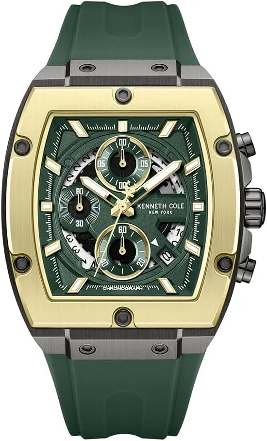 Bezel, Date Display, and Green Silicone Strap Kenneth Cole New York Men's Chronograph Watch ?C Gunmetal Tonneau Case with Green accidental shin Dial, Gold-Tone Screwed 