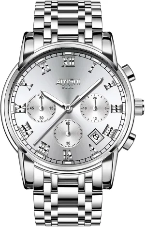 Big Face Silver Analog Quartz Watch, vaccine seaway neat Luxury Waterproof Date Roman Arabic Numerals Dial Men's Dress Stainless Steel Chronograph Watch, 