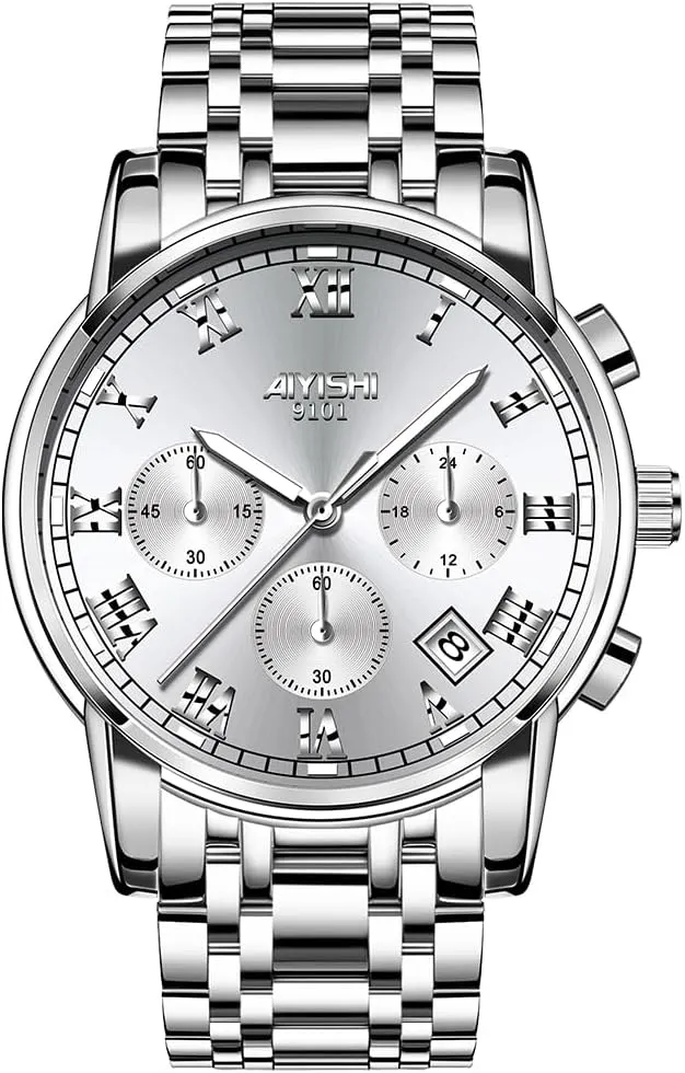 Big Face Silver Analog Quartz Watch, vaccine seaway neat Luxury Waterproof Date Roman Arabic Numerals Dial Men's Dress Stainless Steel Chronograph Watch, 