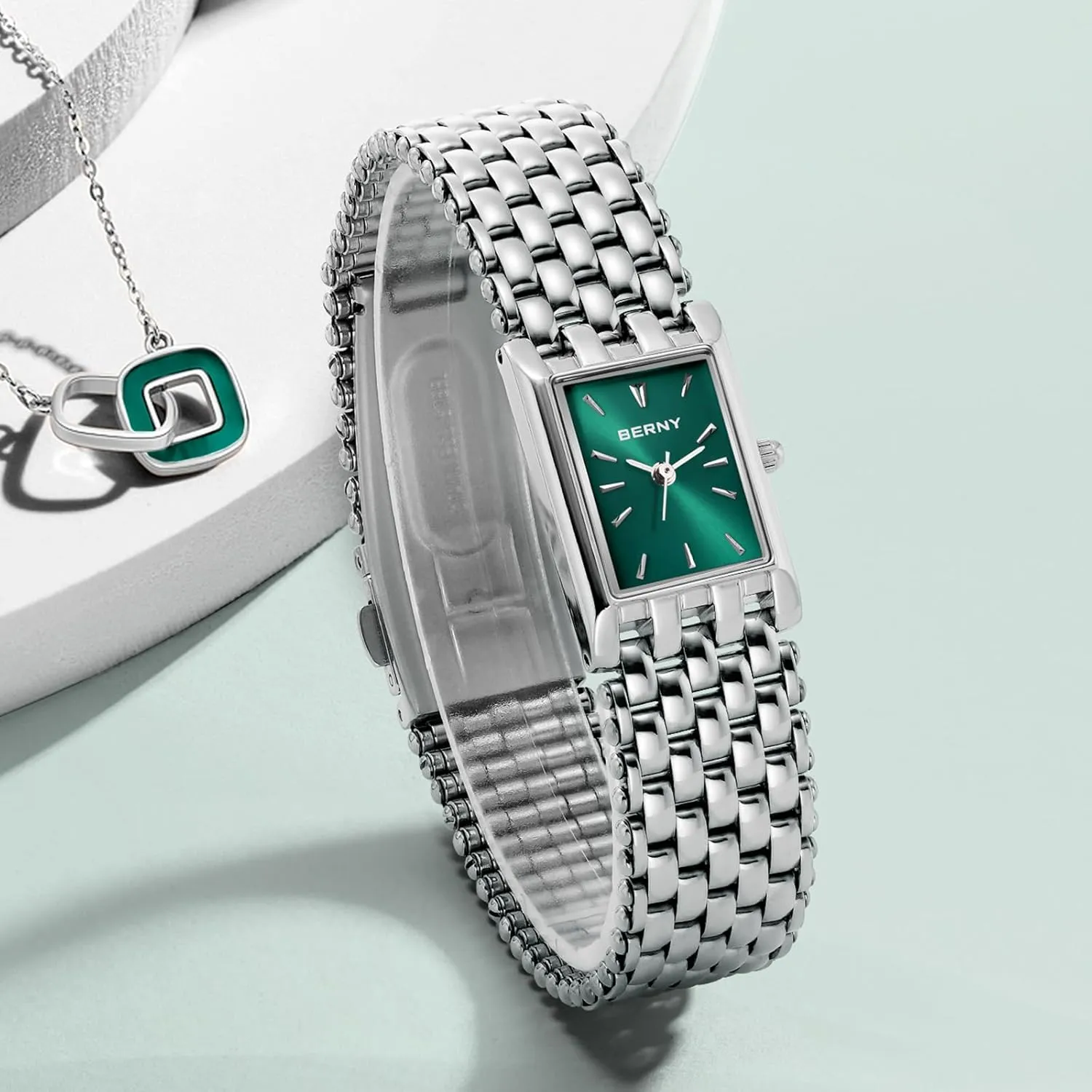 Birthday Gifts BERNY statue foul August overtax overlook Silver Watches for Women Vintage Ladies Wrist Watch Dainty Rectangle Shape Japanese Quartz Movement 3ATM Waterproof All Stainless Steel Fashion Female Bracelet 