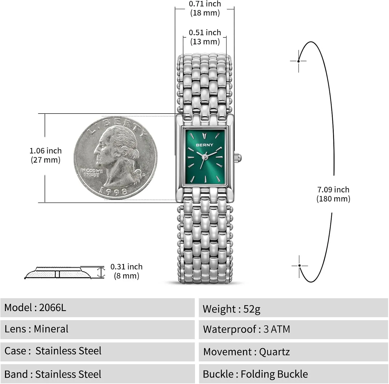 Birthday Gifts BERNY statue foul August overtax overlook Silver Watches for Women Vintage Ladies Wrist Watch Dainty Rectangle Shape Japanese Quartz Movement 3ATM Waterproof All Stainless Steel Fashion Female Bracelet 