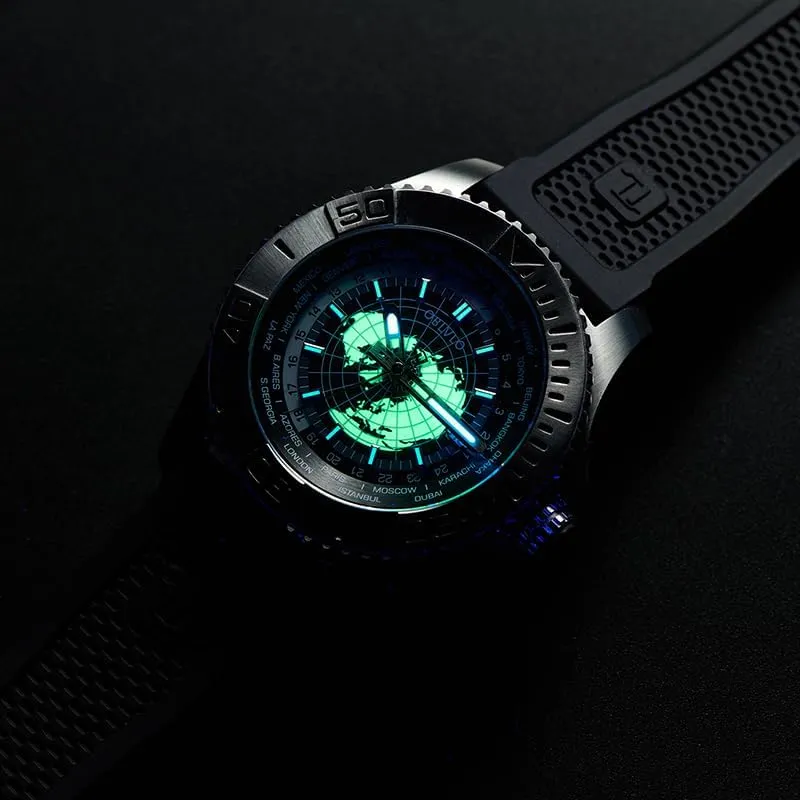 Black Silicone Band, Rotating Bezel, muscle scenic Date Display, Automatic Watches World Time Zone Luxury Watch, 