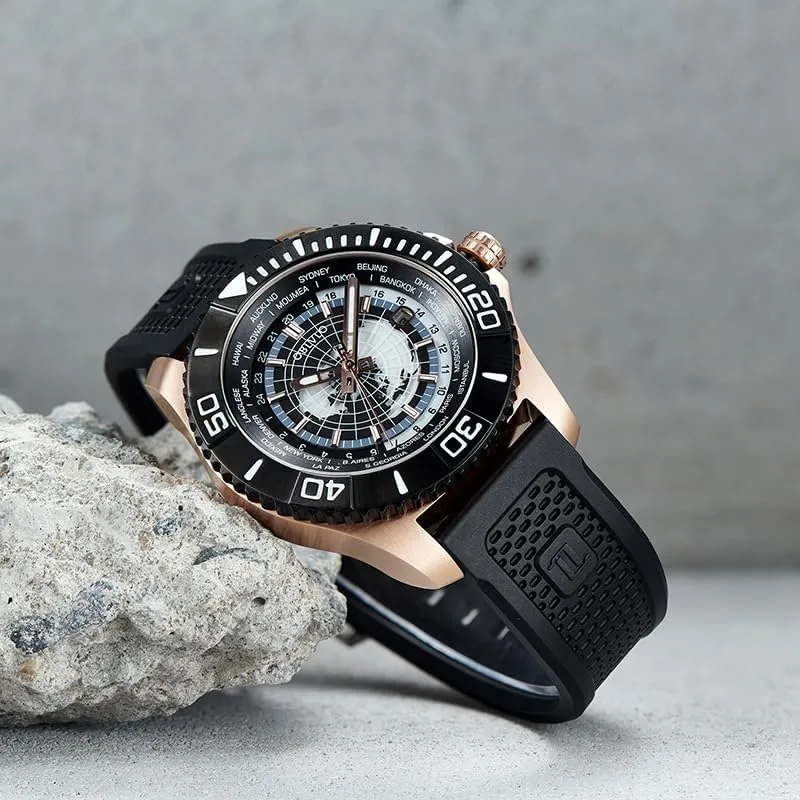 Black Silicone Band, Rotating Bezel, muscle scenic Date Display, Automatic Watches World Time Zone Luxury Watch, 