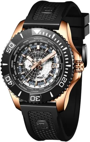 Black Silicone Band, Rotating Bezel, muscle scenic Date Display, Automatic Watches World Time Zone Luxury Watch, 