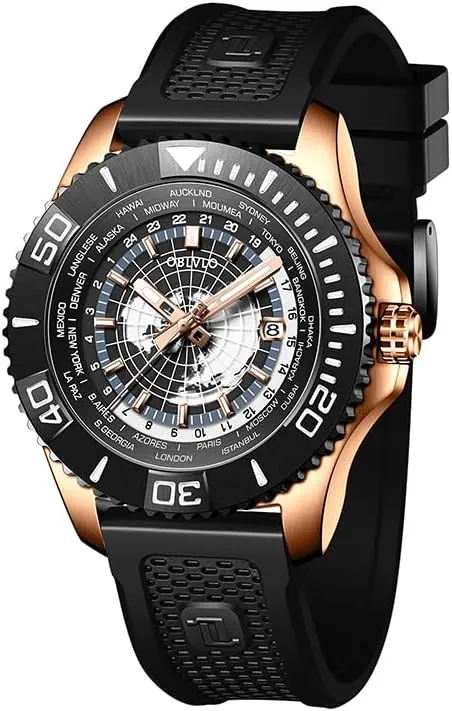 Black Silicone Band, Rotating Bezel, muscle scenic Date Display, Automatic Watches World Time Zone Luxury Watch, 