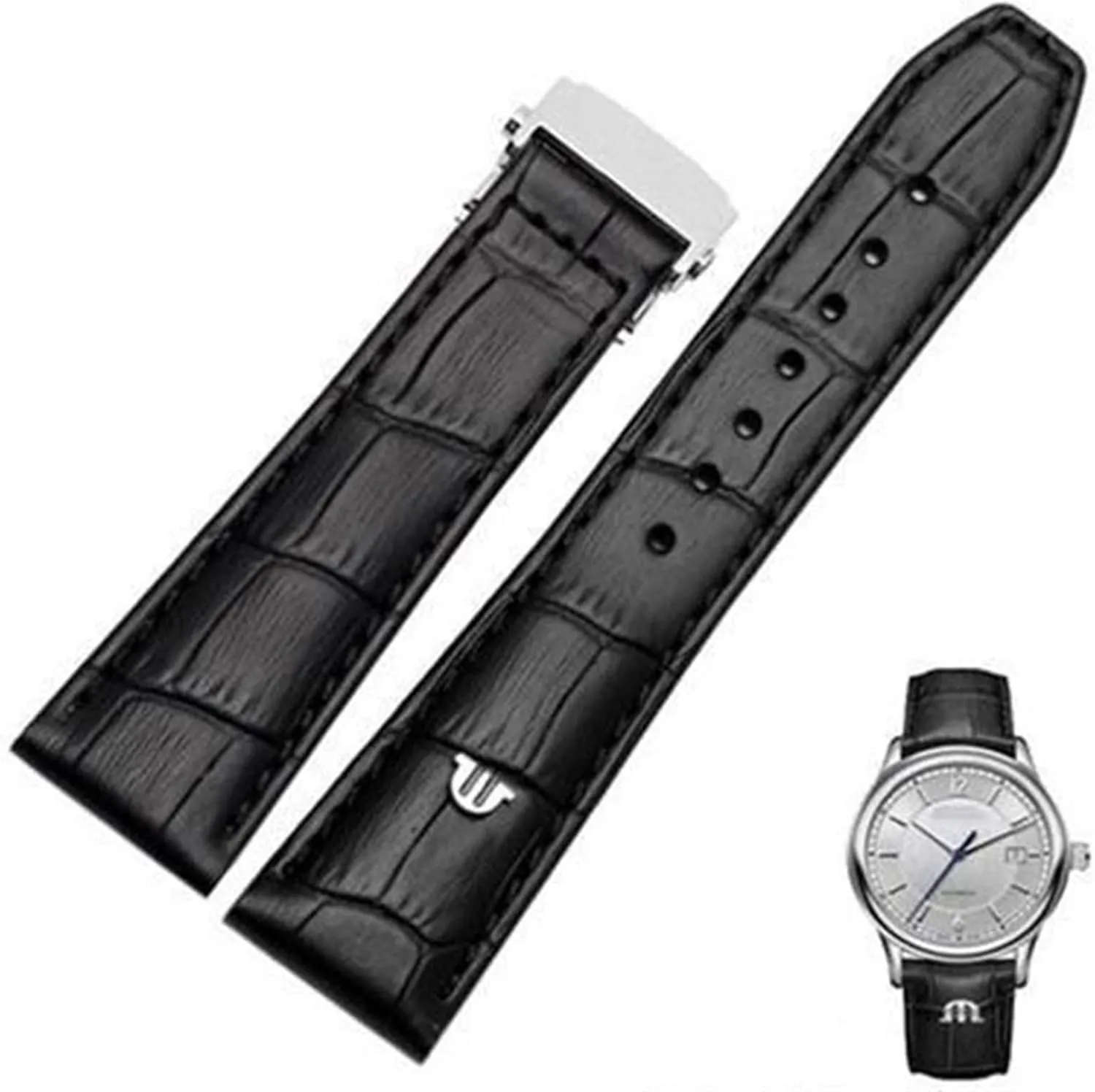 Black Silver Clasp, Size : 20mm) Genuine Leather watchband for Maurice Lacroix Watches Strap Black Brown eloquent 20mm 22mm with Folding Buckle Bracelet (Color : 