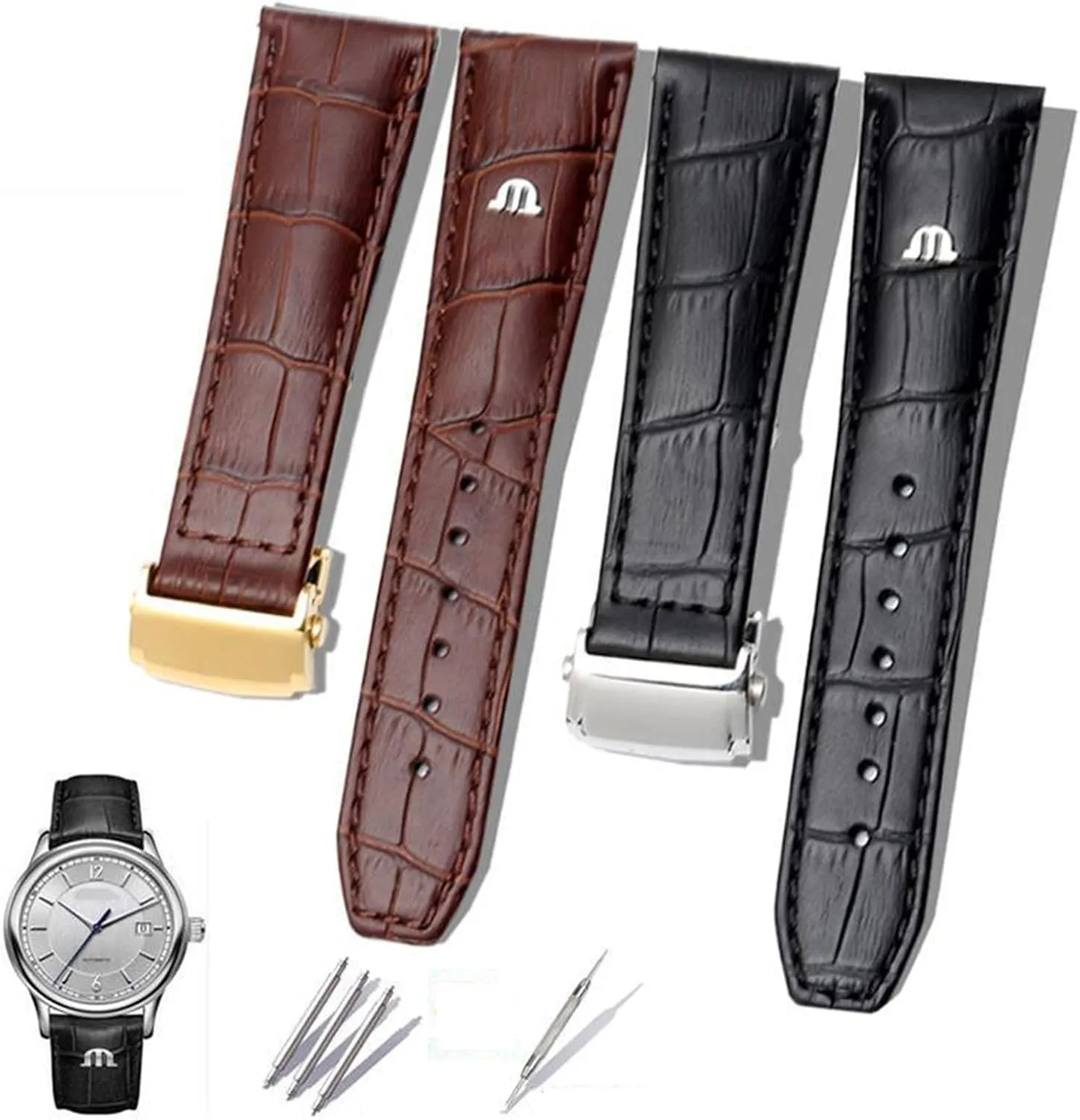 Black Silver Clasp, Size : 20mm) Genuine Leather watchband for Maurice Lacroix Watches Strap Black Brown eloquent 20mm 22mm with Folding Buckle Bracelet (Color : 