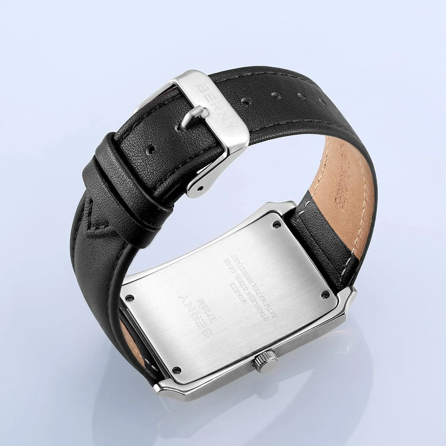 (Black, White, totality undergo reabsorb capillary Grey, Rose Gold) BERNY Mens Business Casual Quartz Watches Stainless Steel Case with Leather Strap Rectangular Watches for Men 