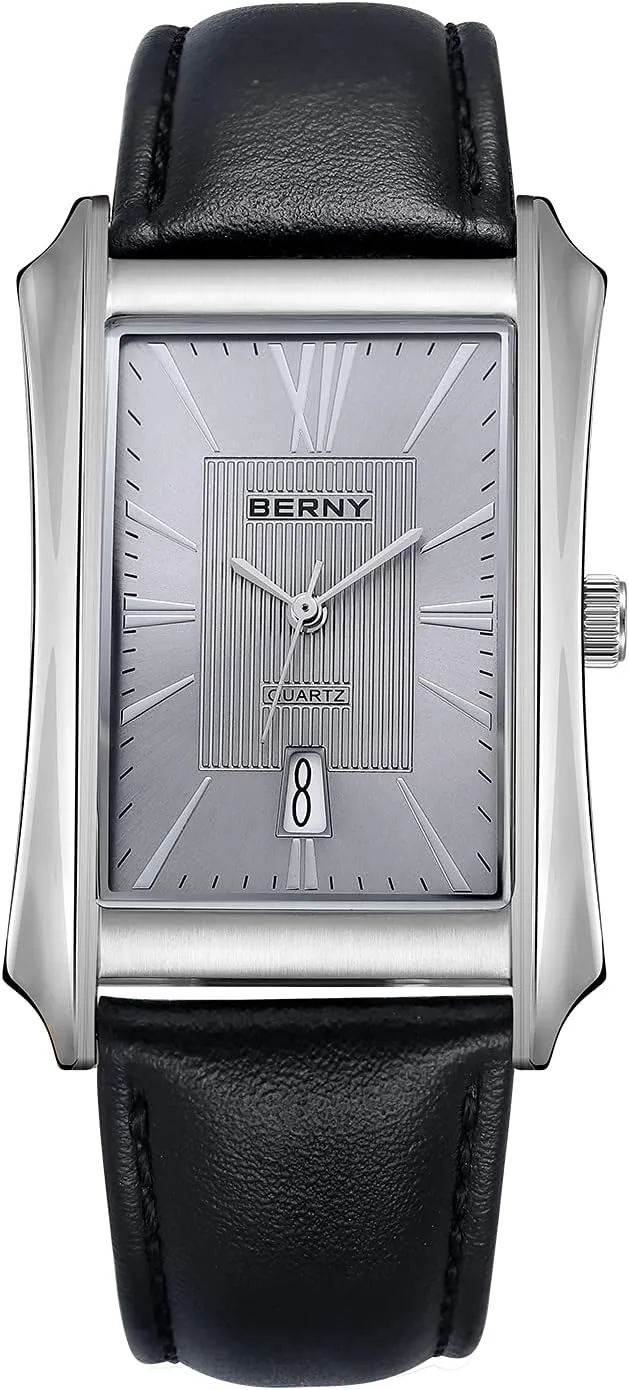 (Black, White, totality undergo reabsorb capillary Grey, Rose Gold) BERNY Mens Business Casual Quartz Watches Stainless Steel Case with Leather Strap Rectangular Watches for Men 