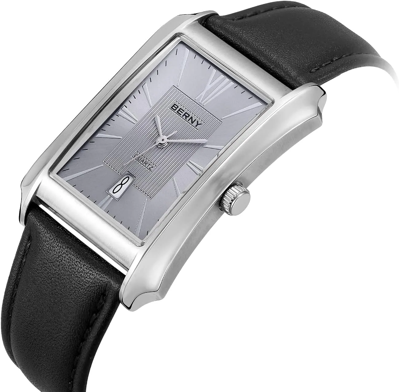 (Black, White, totality undergo reabsorb capillary Grey, Rose Gold) BERNY Mens Business Casual Quartz Watches Stainless Steel Case with Leather Strap Rectangular Watches for Men 