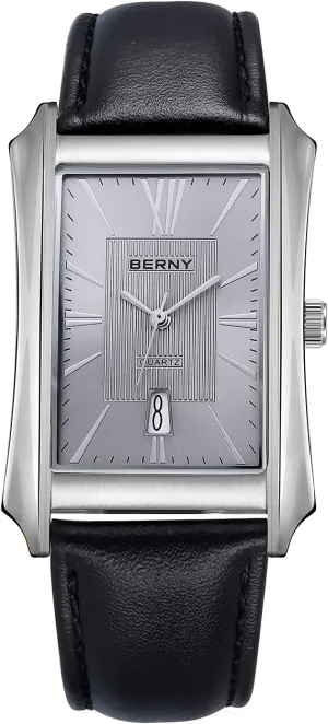 (Black, White, totality undergo reabsorb capillary Grey, Rose Gold) BERNY Mens Business Casual Quartz Watches Stainless Steel Case with Leather Strap Rectangular Watches for Men 