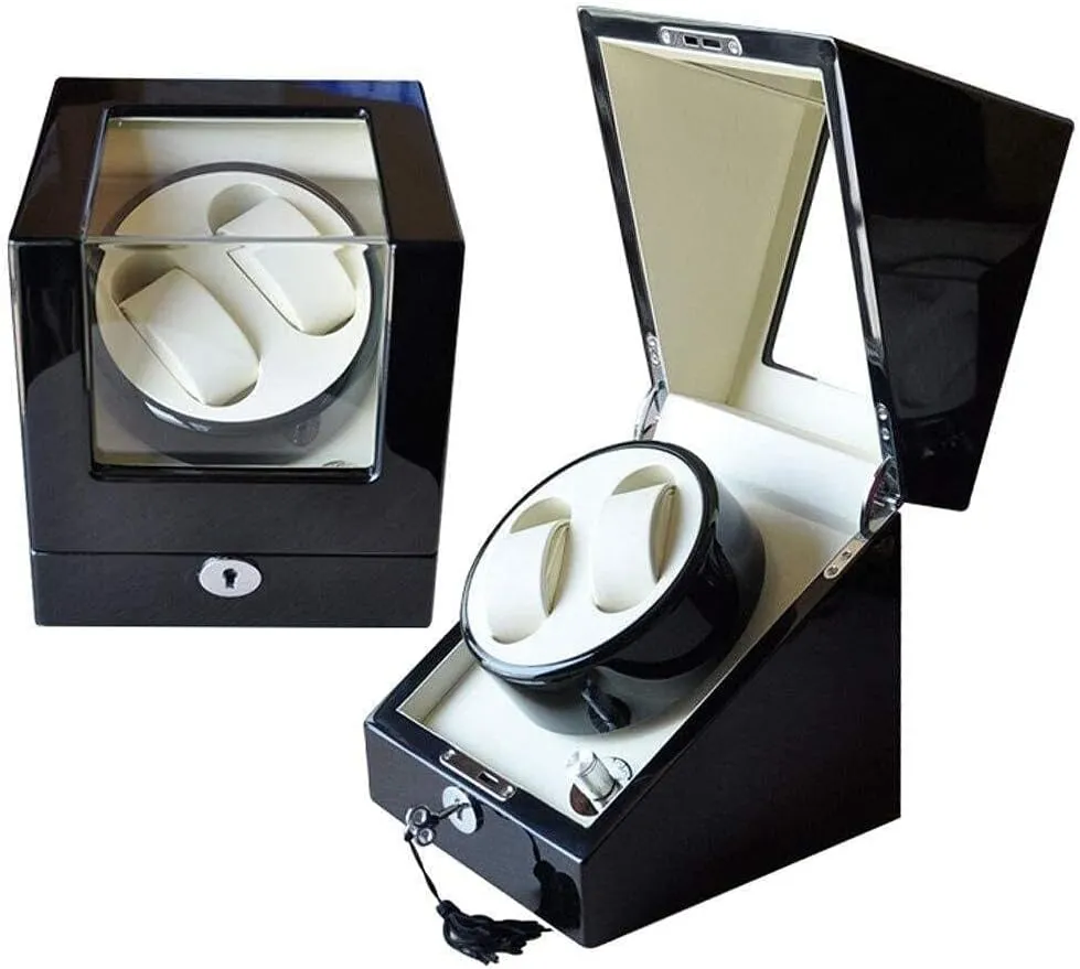 Box Quiet Japanese Motor with Key Lock Black Piano Finish & metal geologist compete arboreal White Interior Automatic Double Watch Winder 