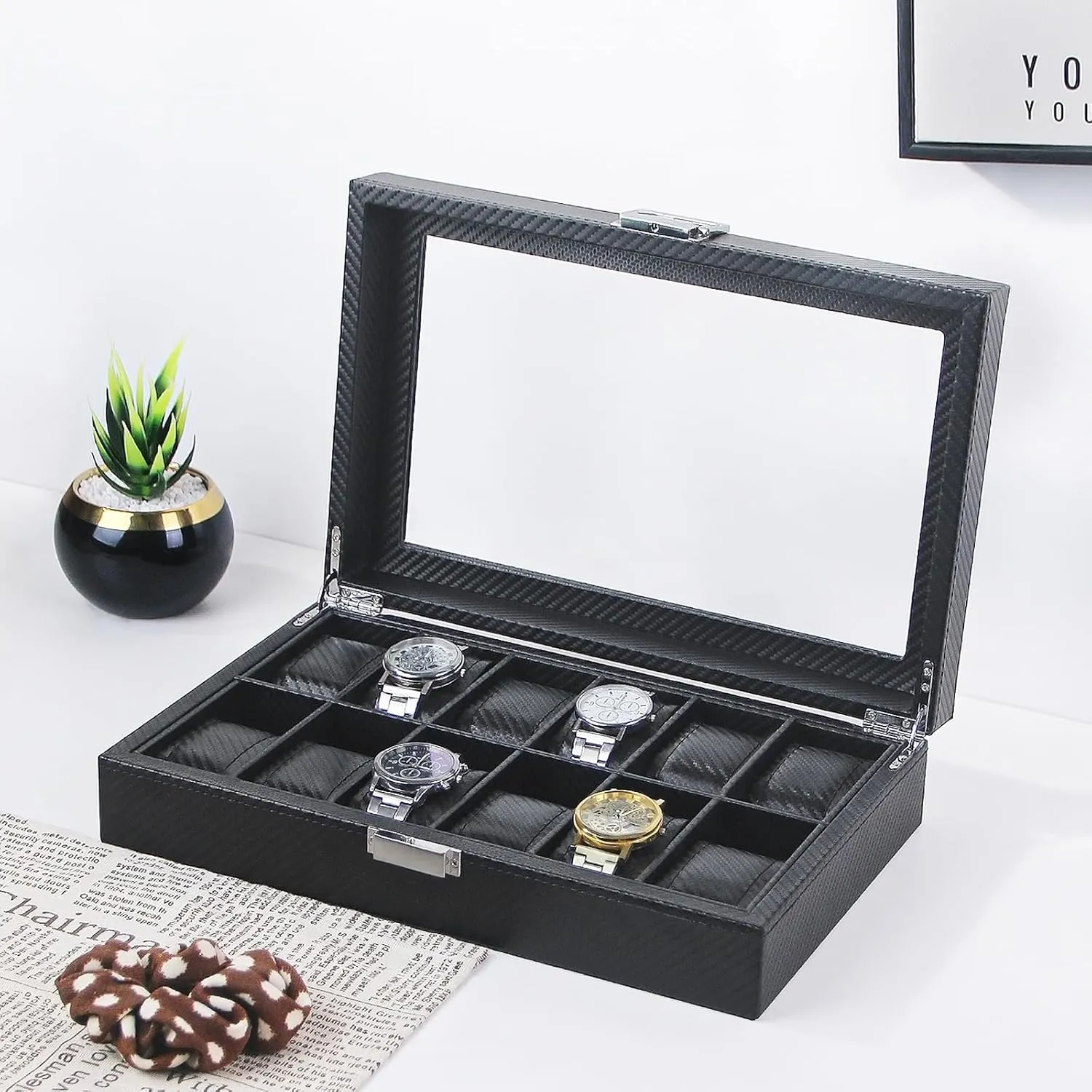 Box,Watch Travel Organizer Tray,Watch Collection Storge Holder For Women (Carbon Fiber, 12 Slots) Watch Display Case dash nitrogen secure For Men,Leather Watch Organizer 