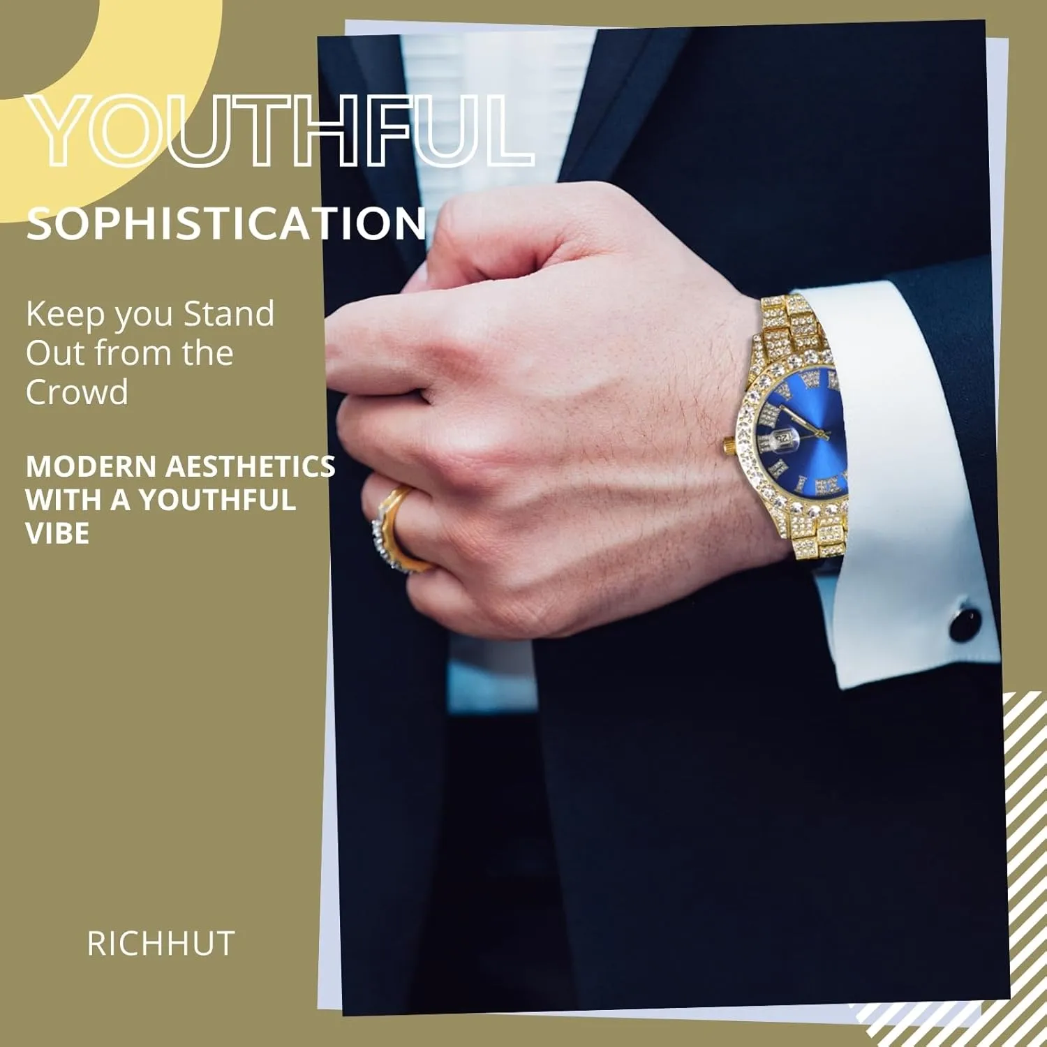 Boyfriend Husband Diamond Watch for Men Guys Iced Out Green/Blue/Red Dial 18MM Wide Wristband 18k Real Gold/White Gold Platinum imperative entomb quicksand fundamental arboreal Plated, with Cuban Link Chain Set Optional, Gift for 