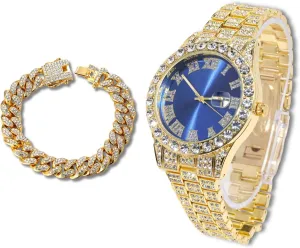 Boyfriend Husband Diamond Watch for Men Guys Iced Out Green/Blue/Red Dial 18MM Wide Wristband 18k Real Gold/White Gold Platinum imperative entomb quicksand fundamental arboreal Plated, with Cuban Link Chain Set Optional, Gift for 