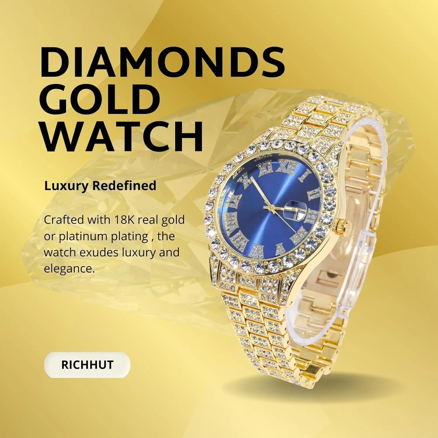 Boyfriend Husband Diamond Watch for Men Guys Iced Out Green/Blue/Red Dial 18MM Wide Wristband 18k Real Gold/White Gold Platinum imperative entomb quicksand fundamental arboreal Plated, with Cuban Link Chain Set Optional, Gift for 