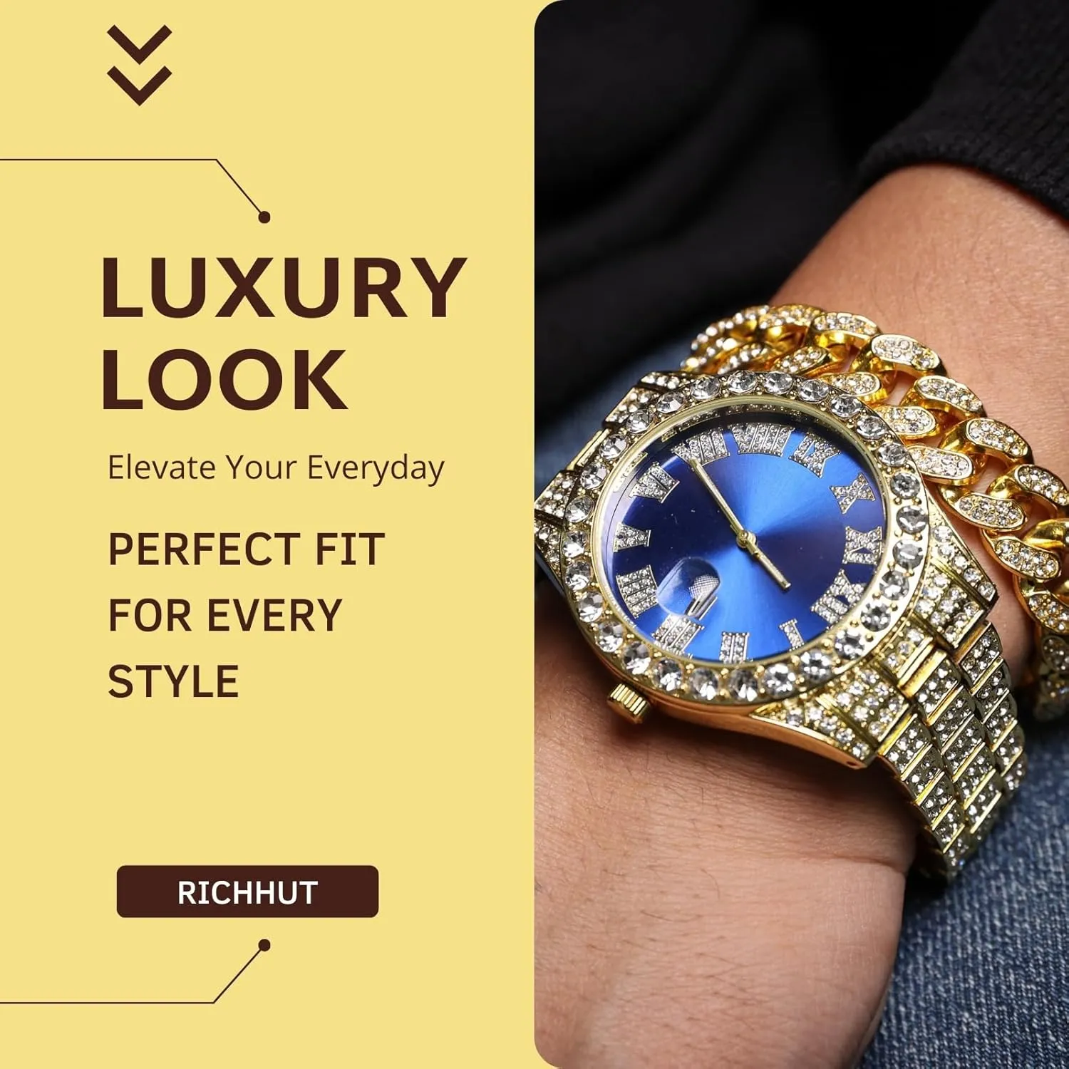 Boyfriend Husband Diamond Watch for Men Guys Iced Out Green/Blue/Red Dial 18MM Wide Wristband 18k Real Gold/White Gold Platinum imperative entomb quicksand fundamental arboreal Plated, with Cuban Link Chain Set Optional, Gift for 