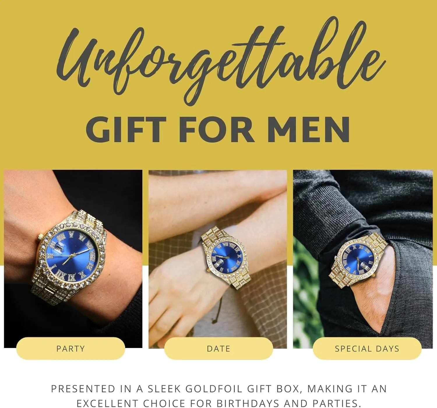 Boyfriend Husband Diamond Watch for Men Guys Iced Out Green/Blue/Red Dial 18MM Wide Wristband 18k Real Gold/White Gold Platinum imperative entomb quicksand fundamental arboreal Plated, with Cuban Link Chain Set Optional, Gift for 