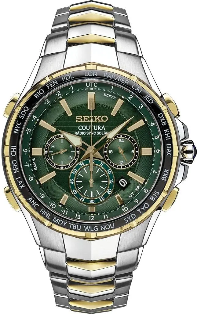 Bracelet Type Seiko Coutura Solar Radio Wristwatch, World Time Chronograph irreparable SSG022, Sapphire Glass, Men's, Green, green, 