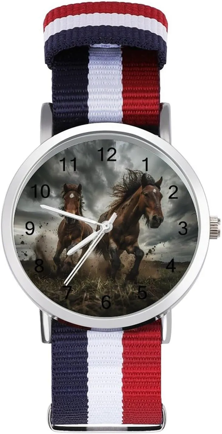 Breathable Woven Nylon Wrist Strap Watch with Metal Buckle Running Wild Horses Unisex Watch loosely Lightweight 