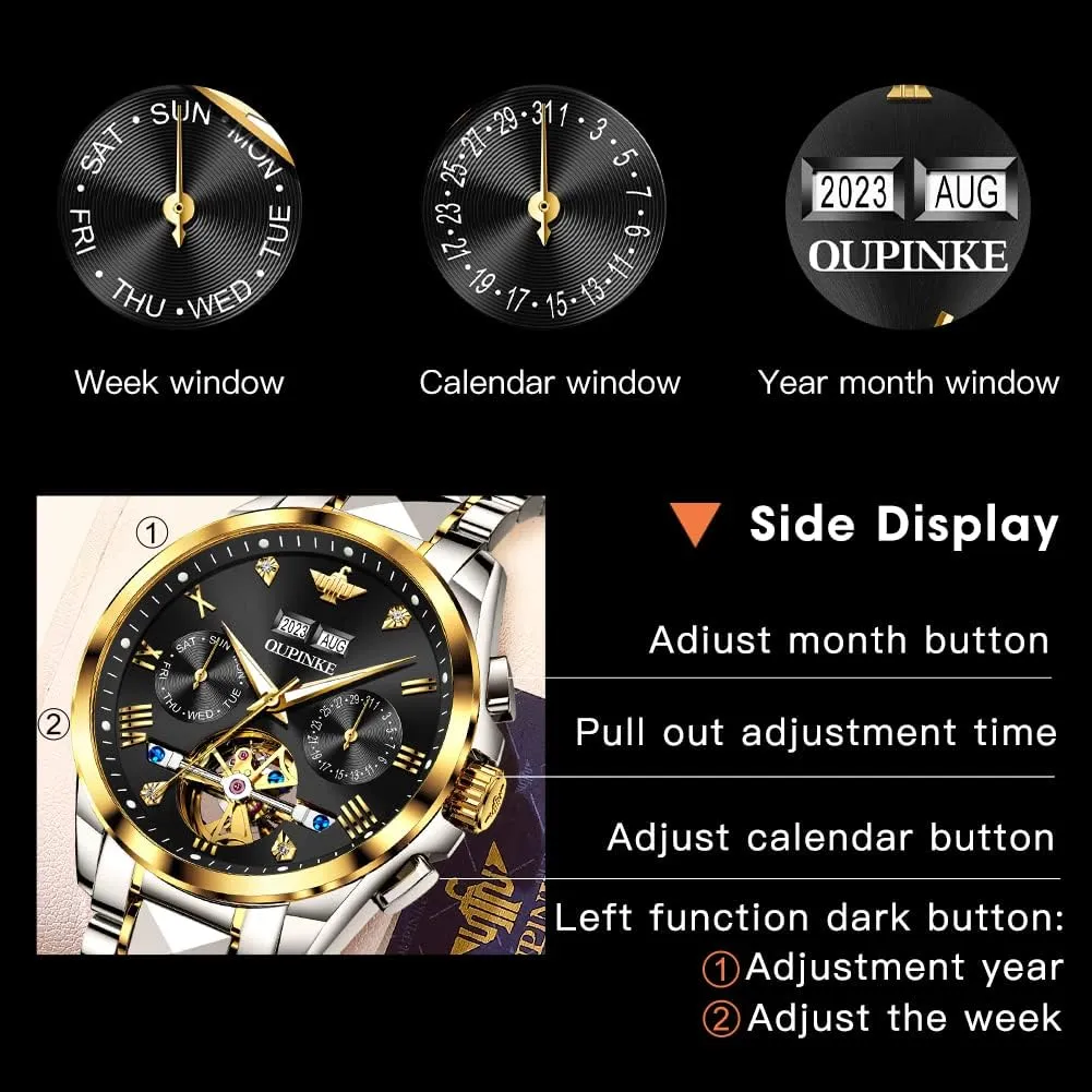 bulk Self Winding Luxury Business Dress Wrist Watch Diamond Tungsten Steel Sapphire Crystal Calendar Waterproof Luminous OUPINKE Automatic Watches for Men Skeleton Mechanical 
