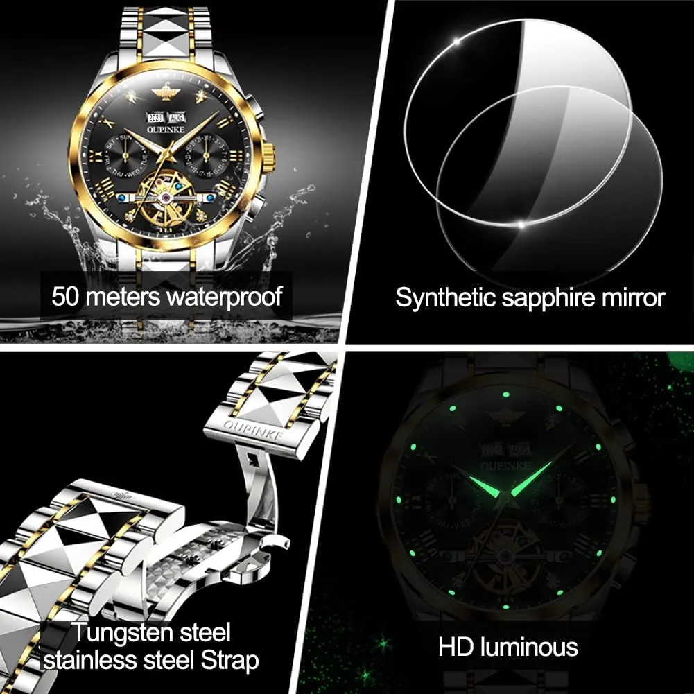 bulk Self Winding Luxury Business Dress Wrist Watch Diamond Tungsten Steel Sapphire Crystal Calendar Waterproof Luminous OUPINKE Automatic Watches for Men Skeleton Mechanical 