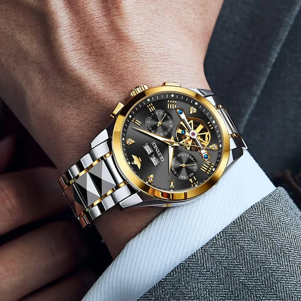 bulk Self Winding Luxury Business Dress Wrist Watch Diamond Tungsten Steel Sapphire Crystal Calendar Waterproof Luminous OUPINKE Automatic Watches for Men Skeleton Mechanical 