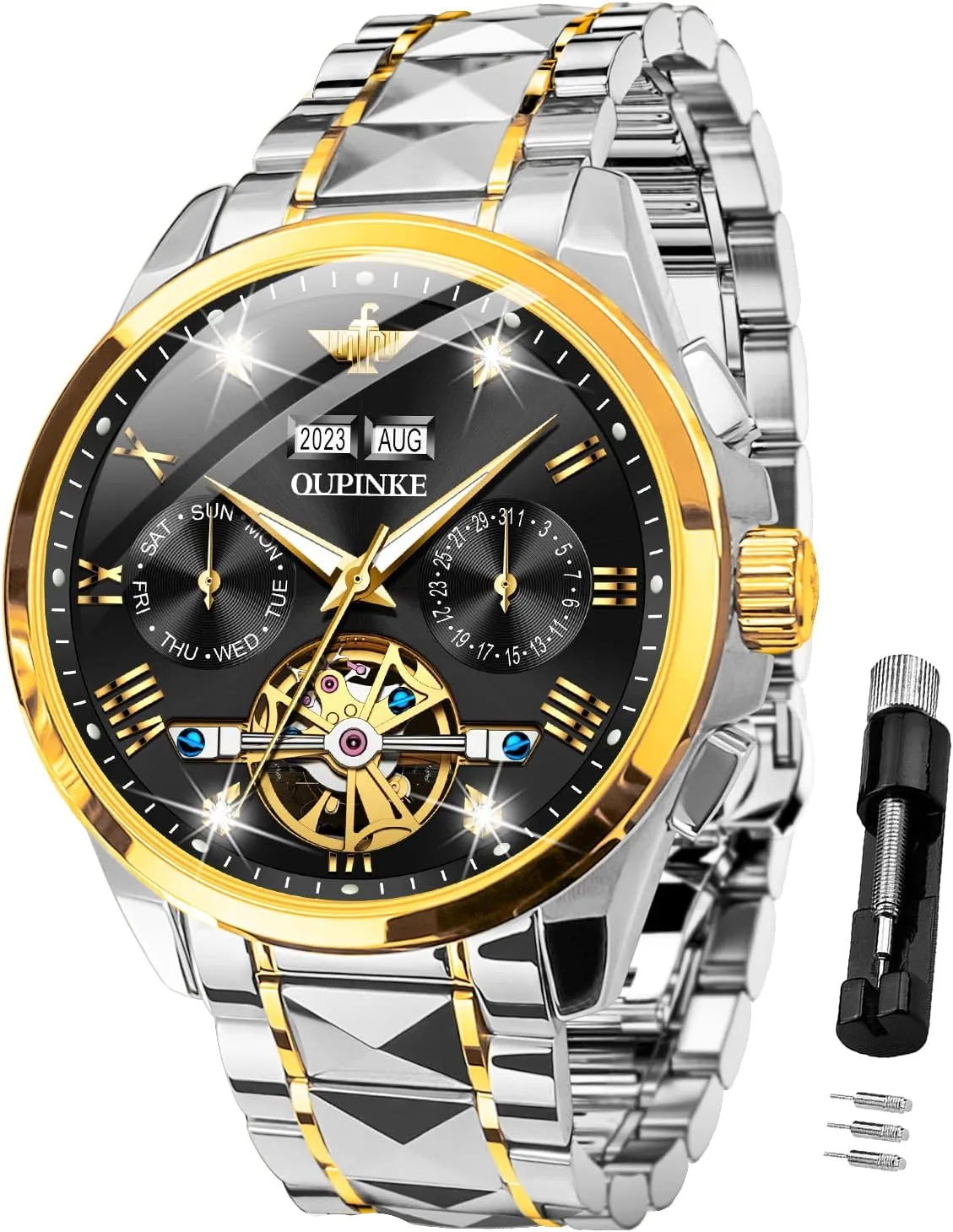 bulk Self Winding Luxury Business Dress Wrist Watch Diamond Tungsten Steel Sapphire Crystal Calendar Waterproof Luminous OUPINKE Automatic Watches for Men Skeleton Mechanical 