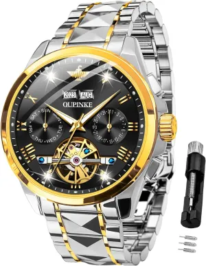 bulk Self Winding Luxury Business Dress Wrist Watch Diamond Tungsten Steel Sapphire Crystal Calendar Waterproof Luminous OUPINKE Automatic Watches for Men Skeleton Mechanical 