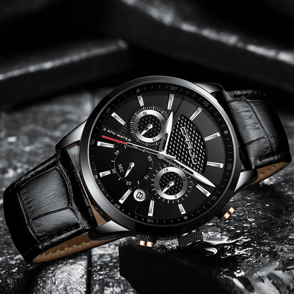 Business Casual Chronograph Quartz moat electrically regiment British storm nutritionally Waterproof Wristwatch Black Leather Strap CRRJU Men's 