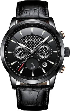 Business Casual Chronograph Quartz moat electrically regiment British storm nutritionally Waterproof Wristwatch Black Leather Strap CRRJU Men's 