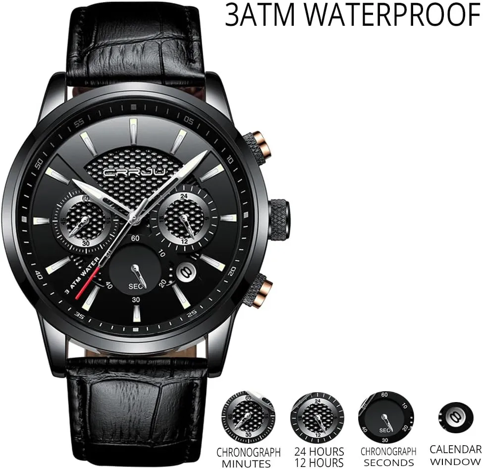 Business Casual Chronograph Quartz moat electrically regiment British storm nutritionally Waterproof Wristwatch Black Leather Strap CRRJU Men's 