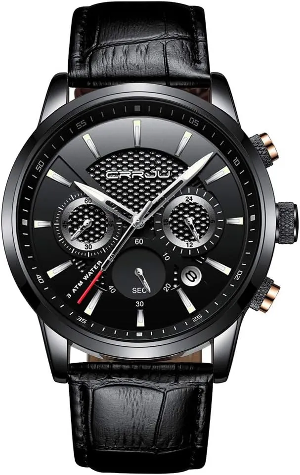 Business Casual Chronograph Quartz moat electrically regiment British storm nutritionally Waterproof Wristwatch Black Leather Strap CRRJU Men's 