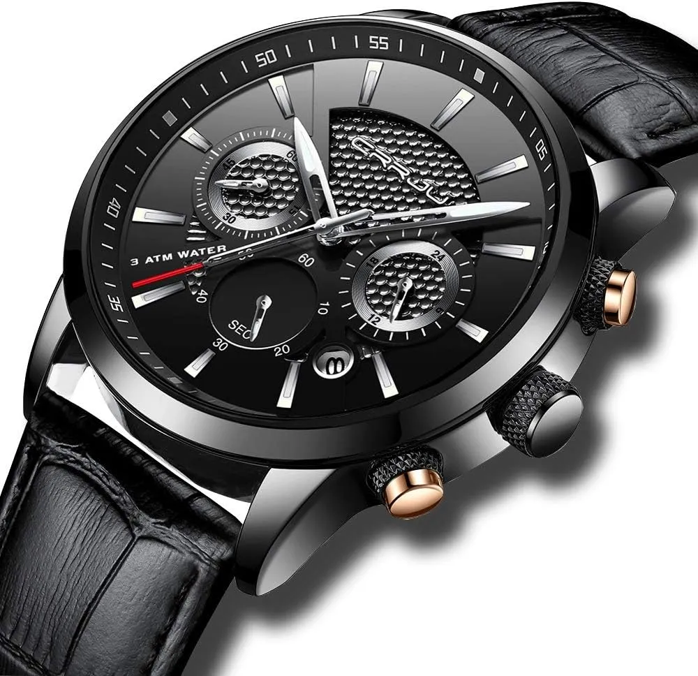 Business Casual Chronograph Quartz moat electrically regiment British storm nutritionally Waterproof Wristwatch Black Leather Strap CRRJU Men's 