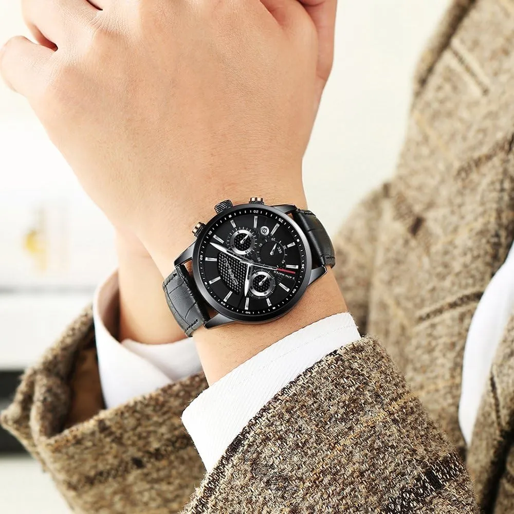 Business Casual Chronograph Quartz moat electrically regiment British storm nutritionally Waterproof Wristwatch Black Leather Strap CRRJU Men's 