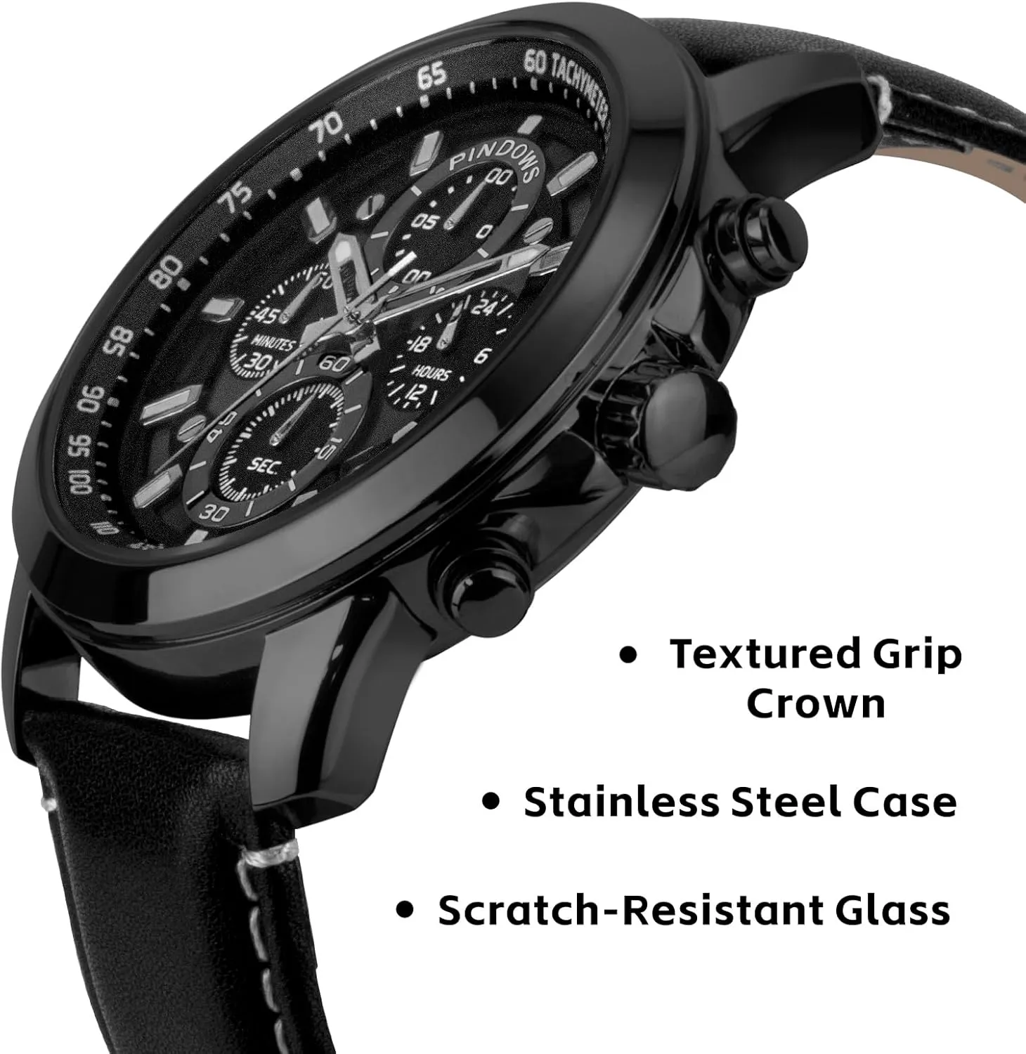 Business Casual Dress Watch with Black Brown Leather Strap PINDOWS Watches for Men, require kingdom glory physically reasonable sleek Men's Analog Quartz Chronograph Watches Waterproof 