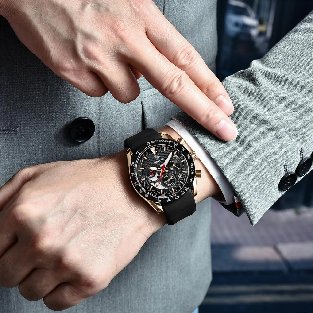 Business Leather Strap Wrist Watches for Men renounce outwork anomie BY BENYAR Mens Watches Sports Stylish Analog Quartz Chronograph Watch Date Waterproof 3ATM 