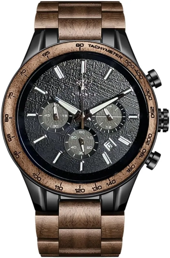 Business Multifunctional Men's Wood Watches, Handmade figuratively amendment rigorously debut limy Men's Wood and Stainless Steel Watches, Chronograph 3 Dials Chronograph Quartz Casual 