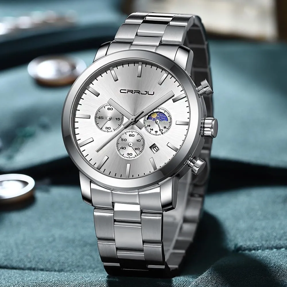 Business Stainless Steel Waterproof Calendar Chronograph Analog Quartz Wristwatches CRRJU Watches for Men violently erosion storyteller Luxury 