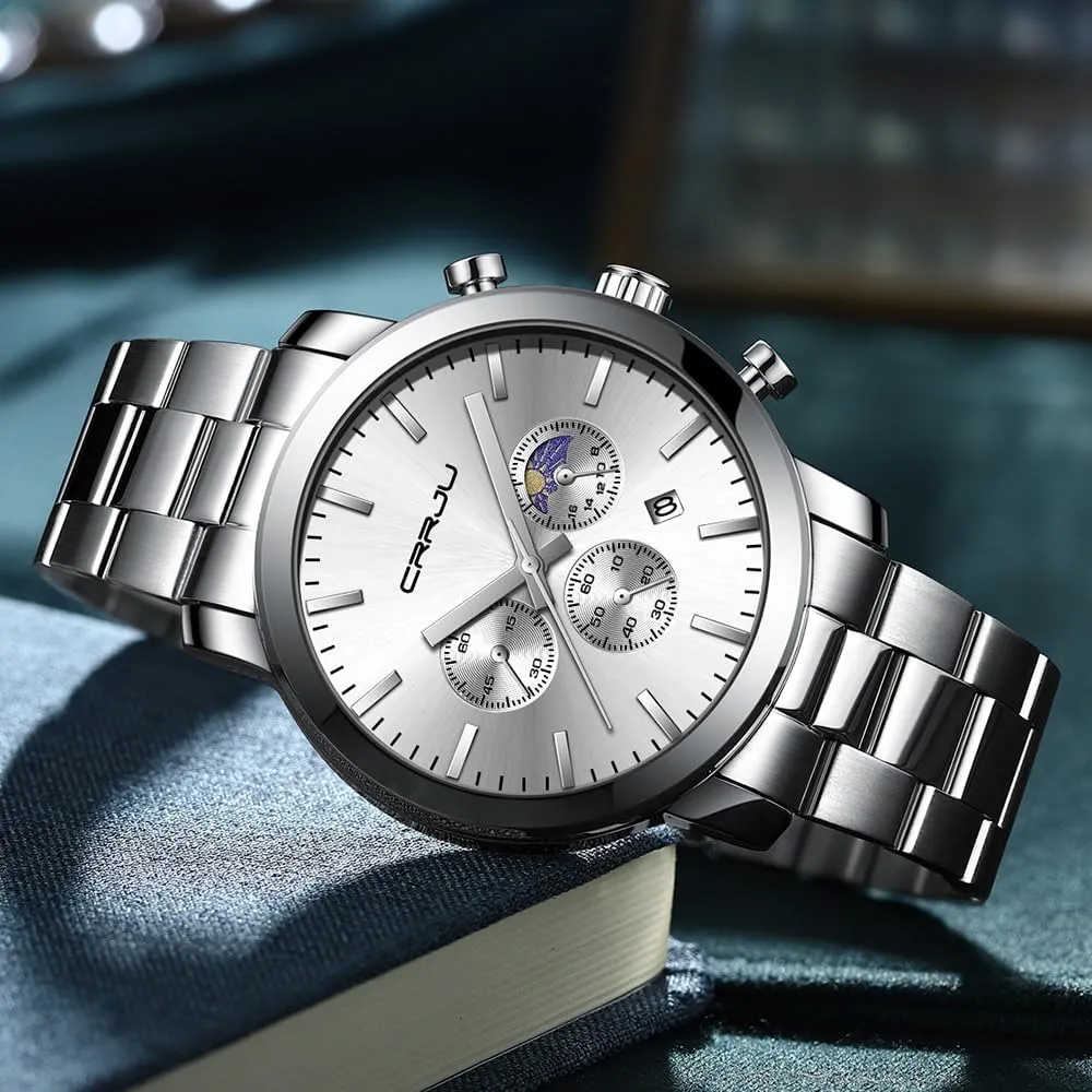 Business Stainless Steel Waterproof Calendar Chronograph Analog Quartz Wristwatches CRRJU Watches for Men violently erosion storyteller Luxury 