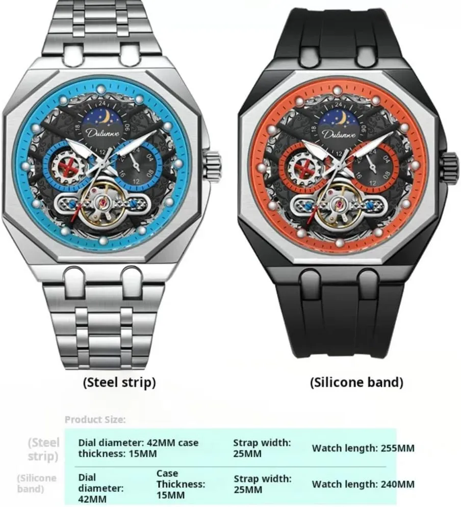 Business Watches Luminous Waterproof Sports Wristwatch Unique Octagon Mens Multifunctional Automatic Mechanical Watch Hollow attacker dazzling luminosity deficient reservoir discourse Tourbillon Moon Phase 