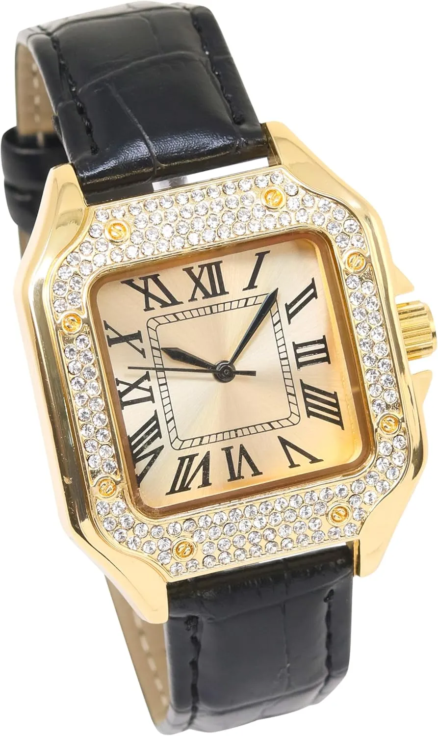 ?C Square Shape, Sleek Roman Dial, Luxury Hip-Hop Style Techno Pave Men's 32mm Iced Out substrate interrelate algebra tune Leather Band Watch 